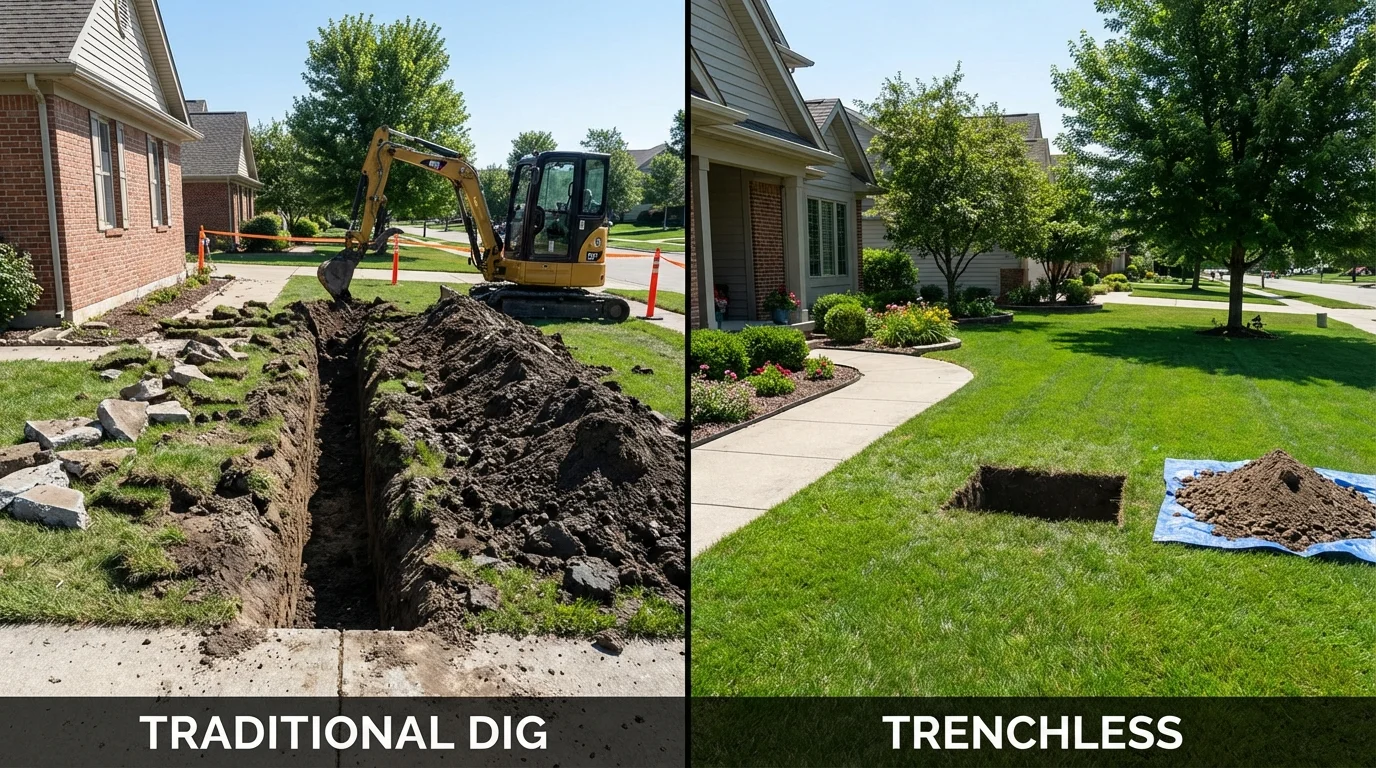 Trenchless sewer repair with minimal yard damage versus traditional excavation in Waverly, NE