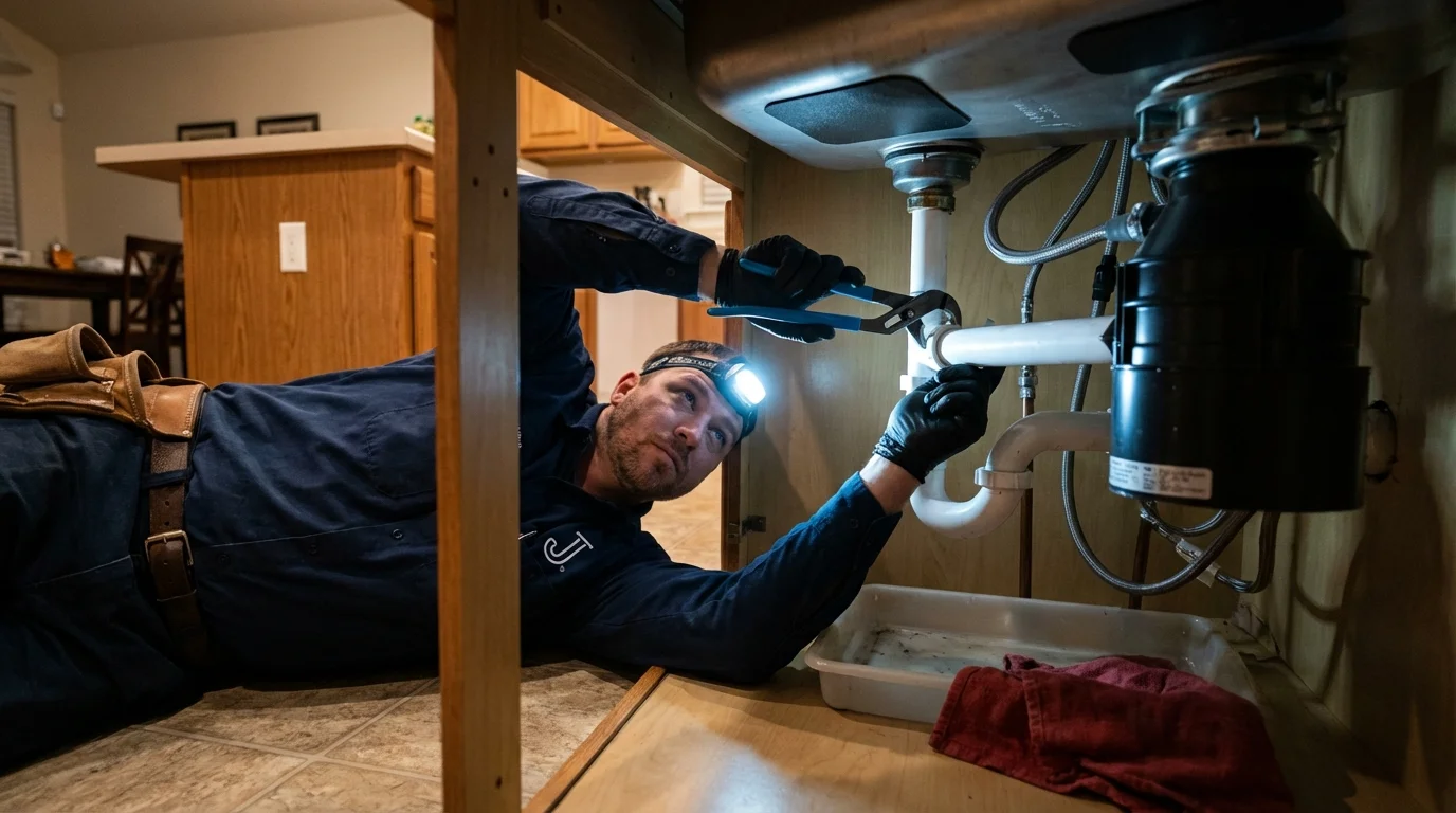 P-trap and supply line connections under a kitchen sink showing a common leak point in Waverly, NE